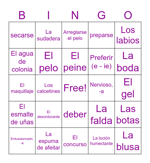 Sp. 2 Unit 2a Vocabulary Bingo Card