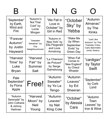 La La's Of The Fall Bingo Card