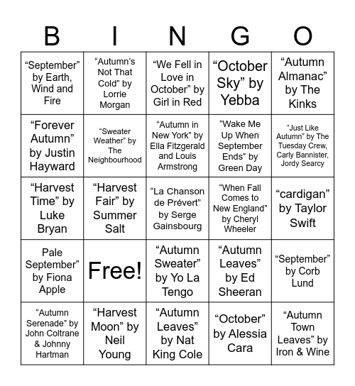 La La's Of The Fall Bingo Card