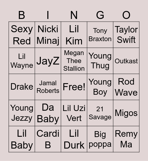 Hip hop Bingo Card