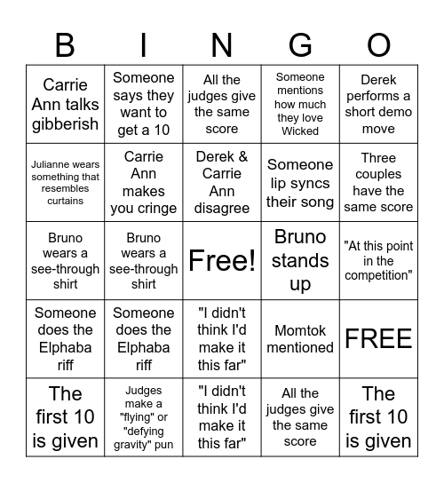 Dancing with the Stars Wicked Night Bingo Card