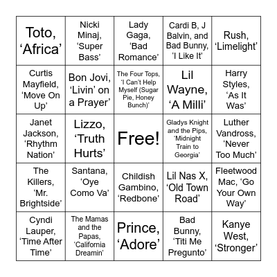 Top Hits Bingo Card