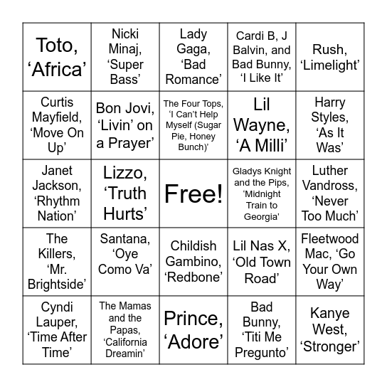 Top Hits Bingo Card