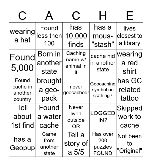 FIND THE GEOCACHER! Bingo Card