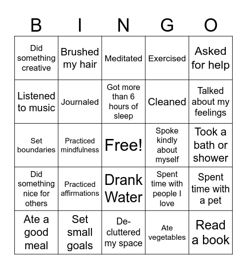 Self Care Bingo Card