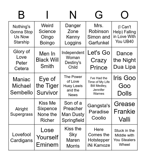 Music BINGO Round Two November 8, 2025 Movie Hits Bingo Card