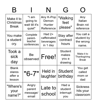 Teacher Bingo Card