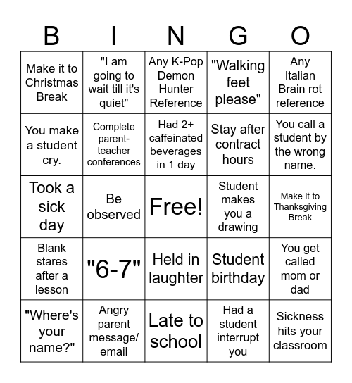 Teacher Bingo Card
