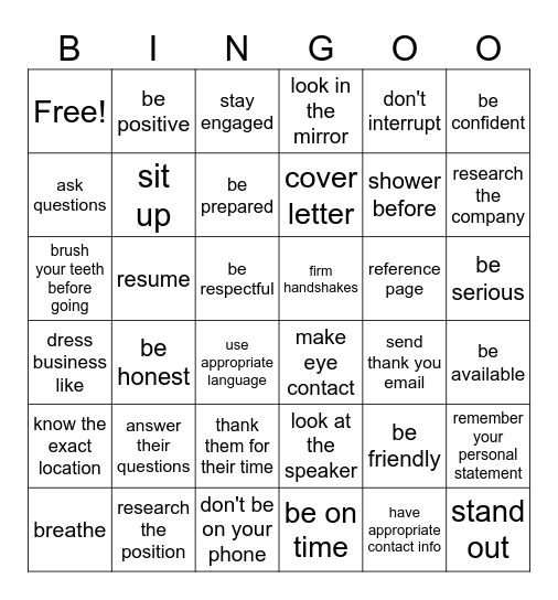 Job Interview Bingo Card