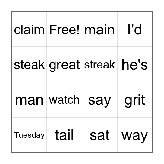 2.2  2nd Grade Long a   Spelling Words Bingo Card