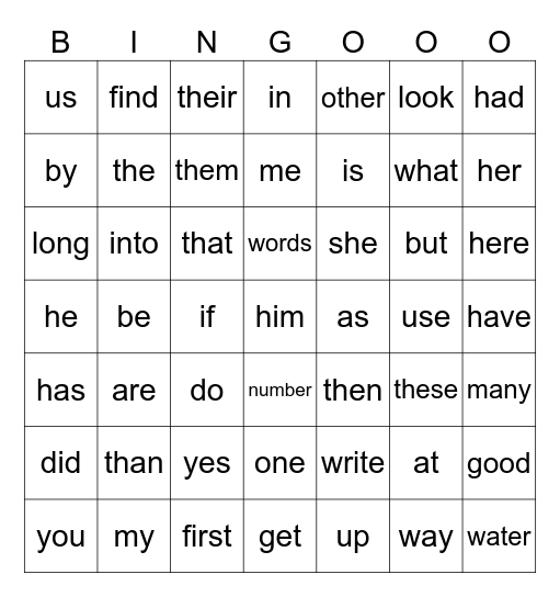 Level 1 Sight Words Bingo Card