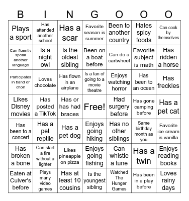 Get to know you Bingo Card