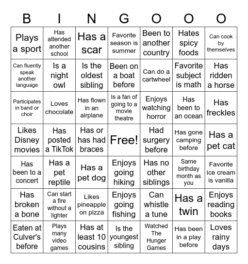 Get to know you Bingo Card