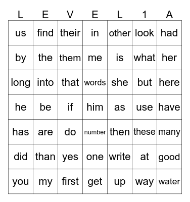 Level 1 Sight Words Bingo Card