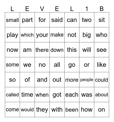 Level 1 Sight Words Bingo Card