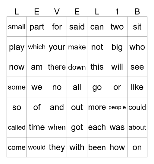 Level 1 Sight Words Bingo Card