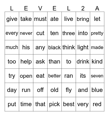 Level 2 Sight Words Bingo Card