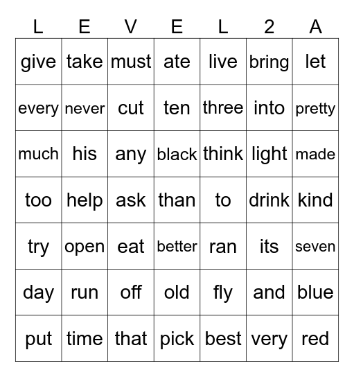 Level 2 Sight Words Bingo Card