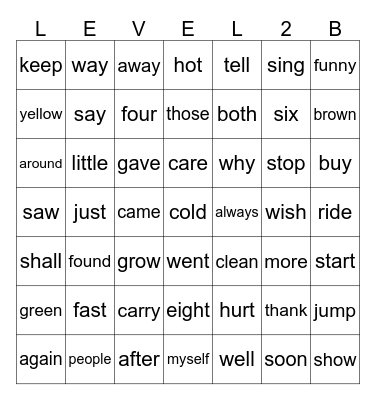 Level 2 Sight Words Bingo Card