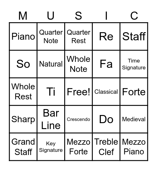 Musical Symbol Bingo Card