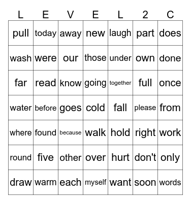 Level 2 Sight Words Bingo Card