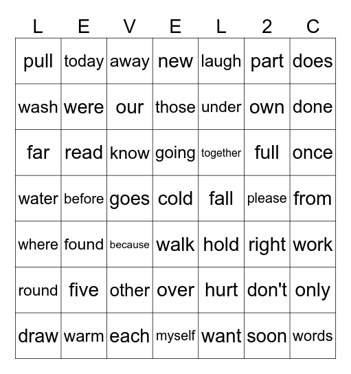 Level 2 Sight Words Bingo Card
