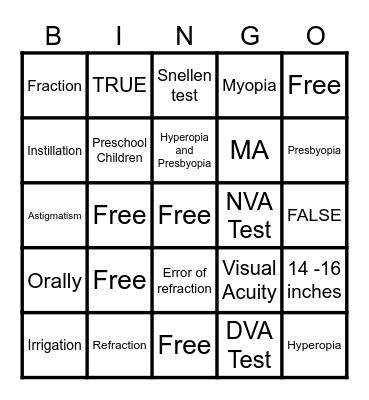 Visual Acuity Bingo Card