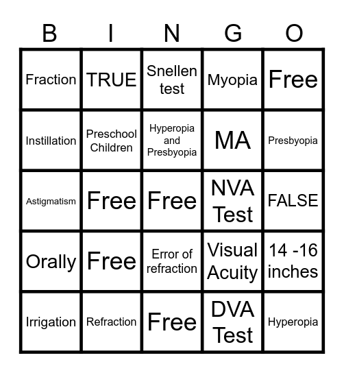 Visual Acuity Bingo Card