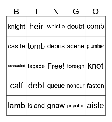 Silent Letters Bingo Card