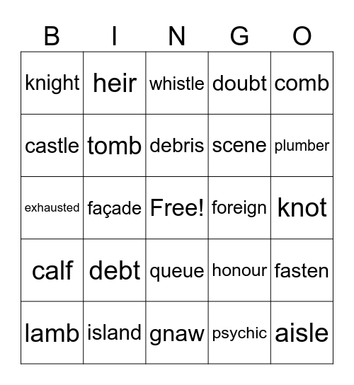 Silent Letters Bingo Card