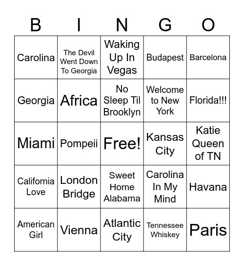 Songs With Places In The Title Bingo Card