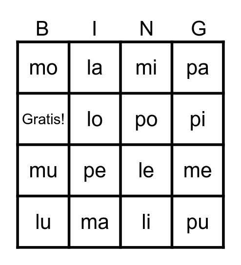 Silabas con m, l, p Bingo Card