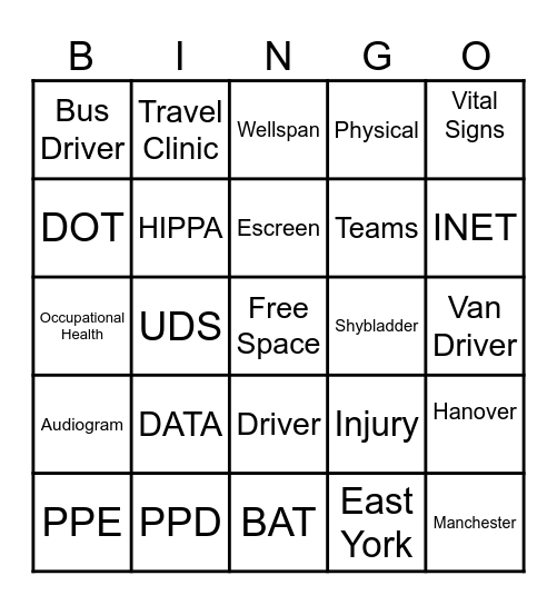 Occupational Health Bingo Card