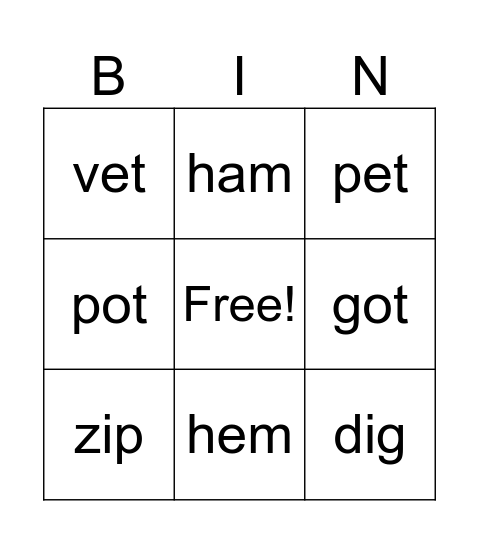 CVC a,e,i o Bingo Card