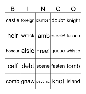 Silent Letters and Weird Spelling Bingo Card