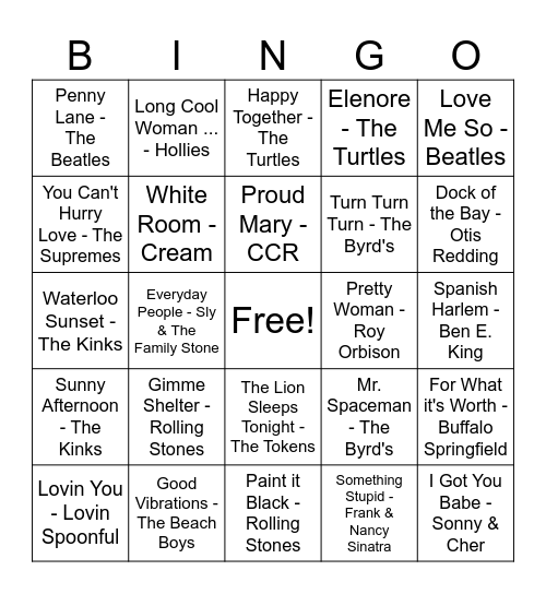60s Drive Bingo Card