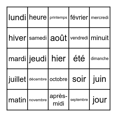 jours, mois, saisons, parties de la journée Bingo Card