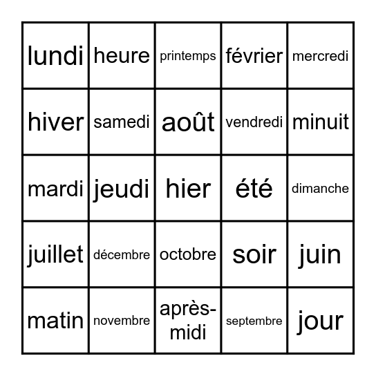 jours, mois, saisons, parties de la journée Bingo Card