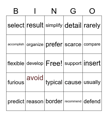 Vocabulary Bingo Card