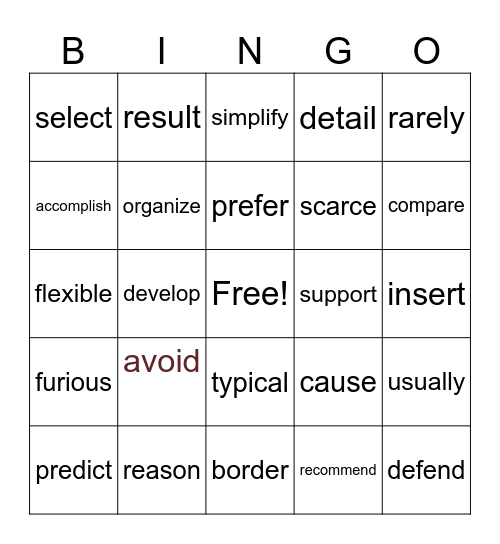 Vocabulary Bingo Card