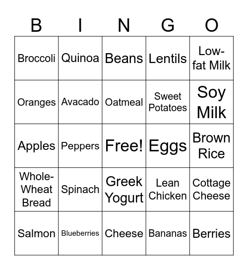 Nutrition Bingo Card