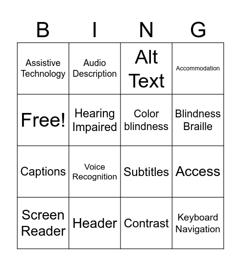 Accessibility Bingo! Bingo Card