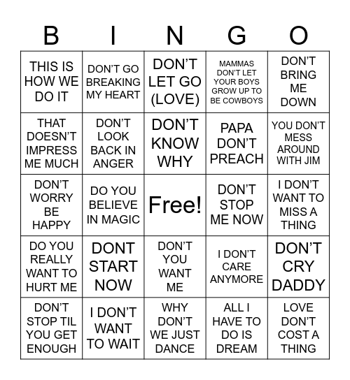 Do's & Don'ts Bingo Card