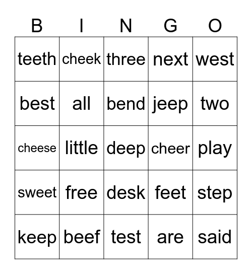 Short e and Long ee Bingo Card