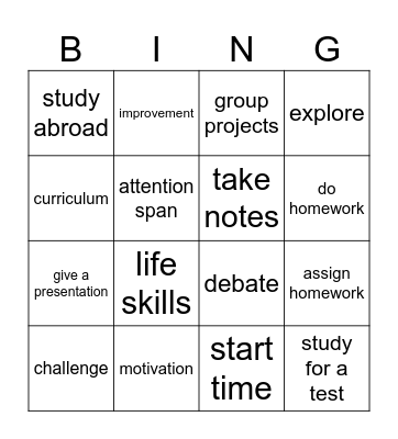 School Bingo Card