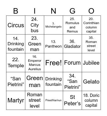 OpenEd Rome, Italy Walking Tour Bingo Card