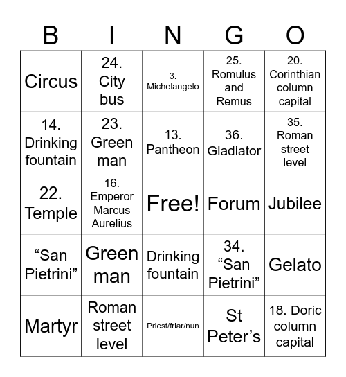 OpenEd Rome, Italy Walking Tour Bingo Card