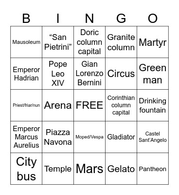 OpenEd Rome, Italy Walking Tour Bingo Card