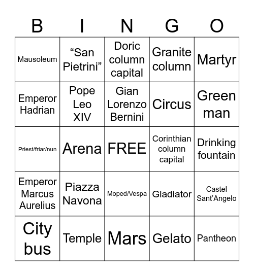OpenEd Rome, Italy Walking Tour Bingo Card