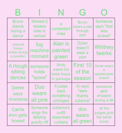 DWTS WICKED NIGHT Bingo Card